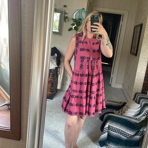 Elan Pink and Navy Aztec Embroidered Dress